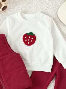 SHEIN 3pcs Toddler Girl Vest Sweatshirt Pants Cute Red White Strawberry Patch Ribbed Long Sleeve Thick Winter Holiday Katseye Capybara Elastic Set - Red - View 6