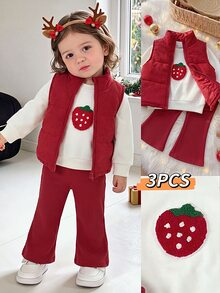 SHEIN 3pcs Toddler Girl Vest Sweatshirt Pants Cute Red White Strawberry Patch Ribbed Long Sleeve Thick Winter Holiday Katseye Capybara Elastic Set - Red - View 4