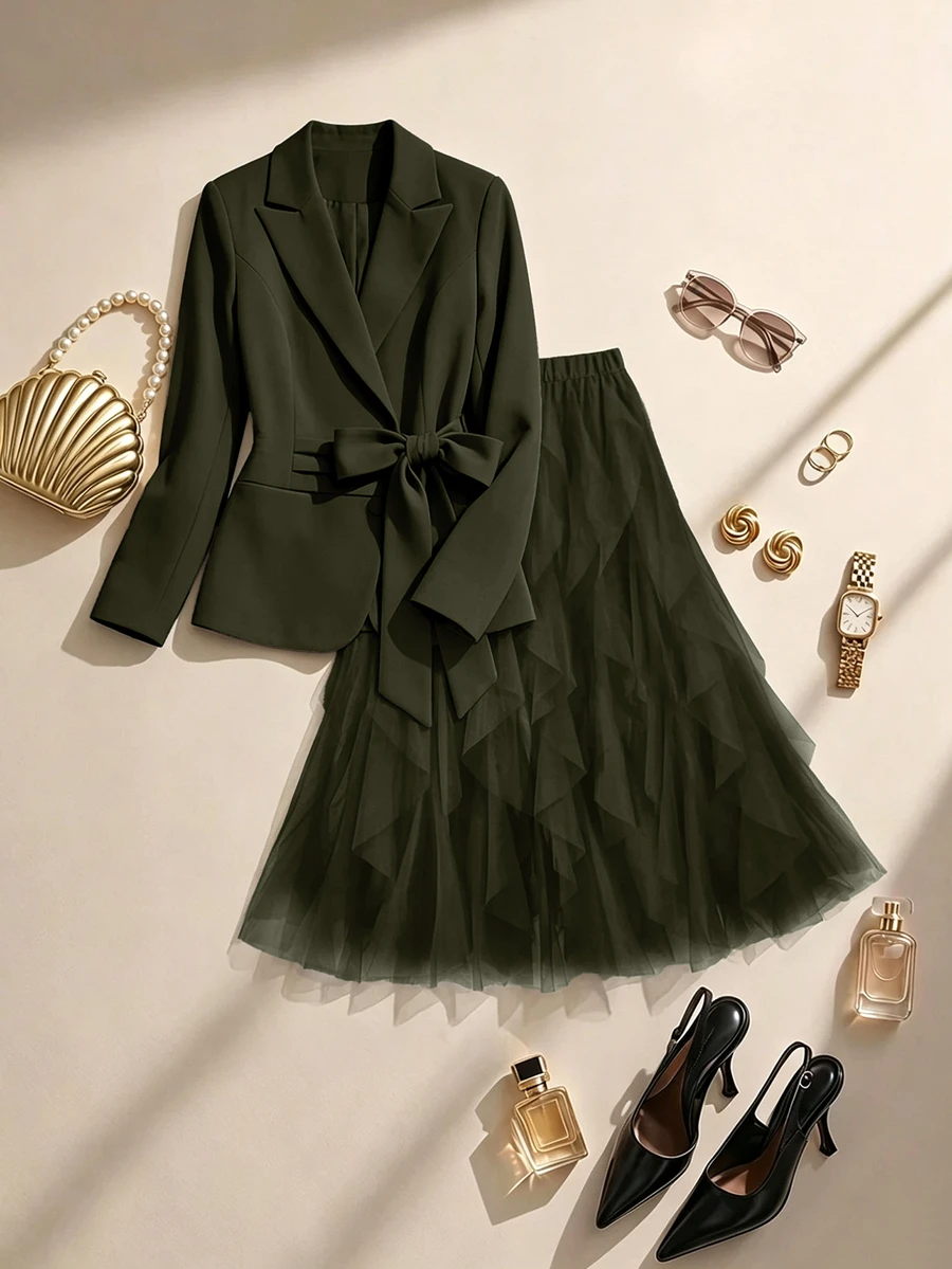 Formidée Plus Size Elegant Button Long Sleeve Jacket And Pleated Skirt Suit Set - Green - View 1