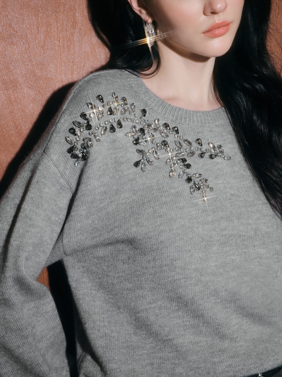 Women's New Autumn Knit Sweater Top With Heavy Hand-Embellished Rhinestones, Round Neck Pullover