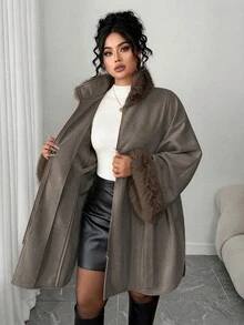 Modelyn Plus Size Vintage Faux Fur Collar Zipper Tie Coat For Vacation - Coffee Brown - View 7
