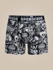 SpongeBob SquarePants | SHEIN سروال داخلي رجالي بطبعة جرافيتي كرتونية باللونين الأسود والأبيض - أبيض وأسود - مشاهدة 1