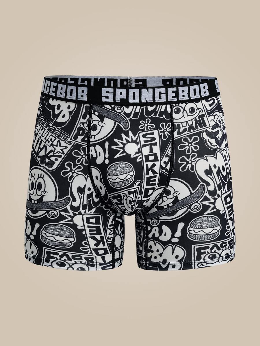 SpongeBob SquarePants | SHEIN سروال داخلي رجالي بطبعة جرافيتي كرتونية باللونين الأسود والأبيض - أبيض وأسود - مشاهدة 1