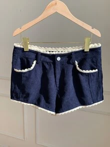 Comfortcana 冬季返校 Coquette 風格校園短褲 高腰蕾絲飾邊燈芯絨拼接海軍藍 - 藏蓝色 - 查看 4
