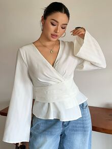Dazy Plus Fun Commute Tie Asymmetrical Hem V-Neck Spring Autumn New Long Sleeve Shirt - Apricot - View 7