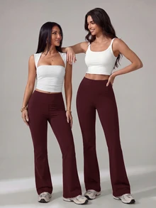 SHEIN PETITE بنطلون طويل نسائي بلون موحد كاجوال متعدد الاستخدامات للارتداء اليومي - عنابي اللون - مشاهدة 6