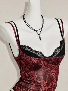 SHEIN ICON 女款豹紋透視細肩帶背心與黑色蕾絲細肩帶內衣兩件套 - 紅色和黑色 - 查看 12