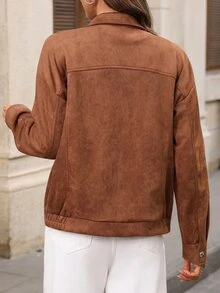 EMERY ROSE Women's Solid Color Long Sleeve Zip-Up Casual Regular Fit Jacket - Brown - View 2