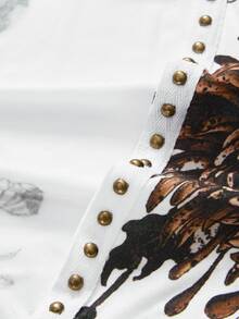 ROMWE Grunge Punk Vintage Y2K Hot Girl Rivet Retro Tiger Head Floral Geisha Print Rhinestone Sexy Deep V Cowl Neck Women Tank Top - White - View 4
