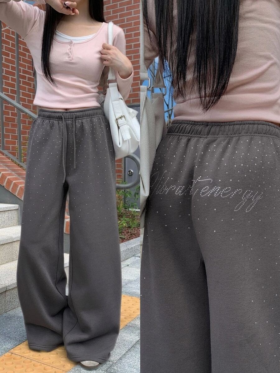 DAZY Solid Color Loose Rhinestone Thermal Lined Thick Elastic Waist Casual Street Style Korean Autumn/Winter Wide Leg Pants For Women - Grey - View 1