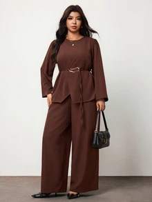 Enliva Plus Size Women's Two Pieces Pants Set Long Sleeve Belted Top Wide Leg Pants Elegant Outfit Flattering Compatible With Apple Shape Fall - Brown - View 7