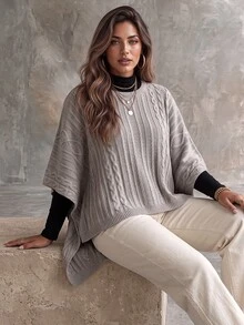 Ceyna Plus Size Women's Fashion Cable Rope Grey Crew Neck Poncho Sweater Pullover Casual Smart Loose Cape Outerwear Top For Autumn/Winter Formal Holiday - Khaki - View 6