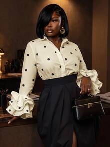 Slaydiva Women Plus Size Polka Dot Shirt With Turn Collar Long Sleeve Multi-Layer Cuff Design Fall - Apricot - View 7