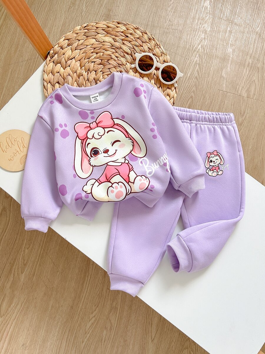 SHEIN Baby Girl Knitted Cute Cartoon Animal Pattern Crew Neck Casual Sweatshirt & Long Pants 2pcs Set Autumn/Winter - Purple - View 1