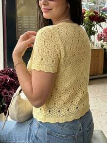 Cévolie Plus Size Women Solid Color Casual Versatile Daily Wear Knit Top - Light Yellow - View 3