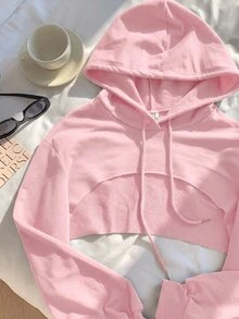 SHEIN EZwear 抽繩設計超短版連帽衛衣－黑白配色，秋冬長袖上衣 - 粉色 - 查看 4