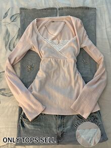 IslaSuriya Blus Lengan Panjang Wanita dengan Patchwork Renda, Slim Fit, Serbaguna untuk Pemakaian Harian - Baby Pink - View 1