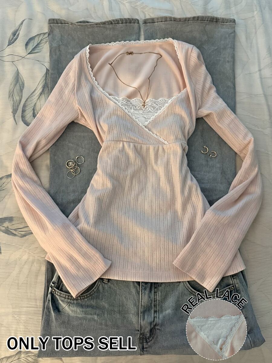 IslaSuriya Blus Lengan Panjang Wanita dengan Patchwork Renda, Slim Fit, Serbaguna untuk Pemakaian Harian - Baby Pink - View 1