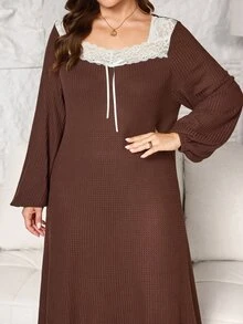 Lacomfia Plus Size Women Loose Casual A-Line Square Neck Short Sleeve Textured Knit Contrast Lace Contrast Color Bowknot Autumn Long Dress - Brown - View 6