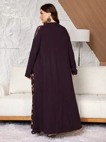 Lacomfia Women's Long Sleeve Plaid Lace Patchwork Casual Versatile Comfortable Daily Home Warm Plus Size Dress - Coffee Brown - View 2
