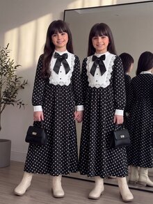 女童秋冬休閒日常通勤優雅立領不對稱泡泡長袖拼接抓皺喇叭洋裝，黑白配色圓點蕾絲飾邊綴珠萬聖節聖誕派對洋裝 - 黑與白 - 查看 1