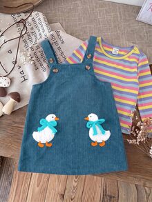 SHEIN Cute Casual Knit Striped T-Shirt & Loose Cartoon Pattern Overall Dress Set - Blue - View 1