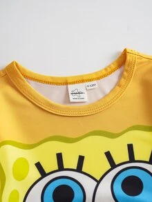SpongeBob SquarePants | SHEIN Baby Boy Cartoon Pattern Round Neck Casual Daily Long Sleeve One Piece Pants - Yellow - View 3
