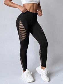 Slayform Slayform Women's Black Flocked Mesh Patchwork Sexy Sports Leggings - Black - View 5
