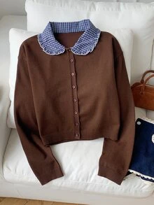 Comfortcana Winter Holiday Cottagecore Knitwear For Cafe Date Night Featuring Blue Plaid Patchwork Contrast And - Brown - View 6