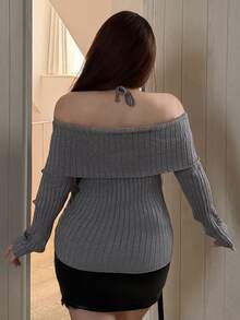 REIGN AVE Fitted Bow Off-Shoulder Sexy Elegant Elegant Spring Autumn Pullover Sweater - Grey - View 2