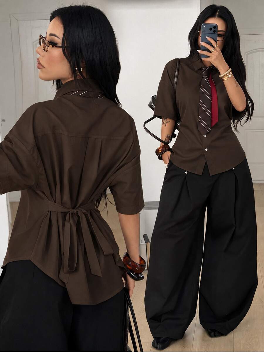 Coolane 女款素色休閒百搭日常穿著襯衫 - 棕色 - 查看 1