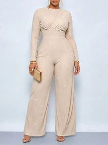 SOLERSUN Plus Size Women's Autumn/Winter Casual Commute Party Textured Elastic Sequin Fabric Round Neck Long Sleeve Ruched Wide Leg Jumpsuit Fall - Apricot - View 3