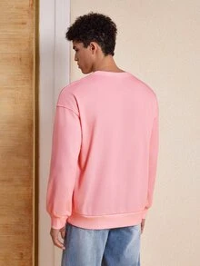SpongeBob SquarePants | SHEIN Men's Cartoon Pattern Print Crew Neck Pullover Sweatshirt - Pink - View 2