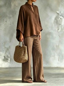 EMERY ROSE Women's Casual Commute Minimalist Small Stand Collar Shirt & Striped Loose Long Pants Two Pieces Set, Suitable For Spring/Autumn Daily Wear, Shopping, Commuting, Ideal Choice For Back To School Season, Versatile Outfit - Brown - View 3