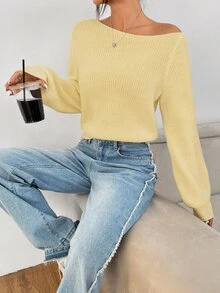 SHEIN PETITE 女款純色單肩休閒日常長袖針織衫 - 淡黃色 - 查看 5