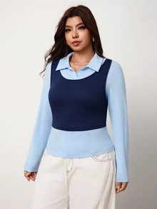 Enliva Plus Size Women's Faux Two Pieces Long Sleeve Collared T Shirt Layered Look Halloween Inspired Easy Cosplay Top Flattering Compatible With Apple Shape - Blue - View 7