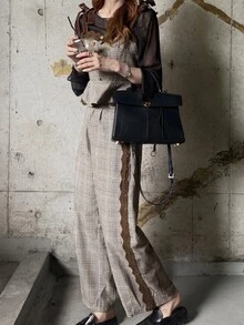 FRIFUL Women's Lace Patchwork Top & Pants Casual Daily Two Pieces Set - Brown - View 4