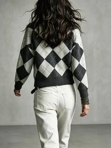 SHEIN 女款格紋長袖立領拉鍊針織開襟衫，適合秋冬穿著 - 彩色 - 查看 2