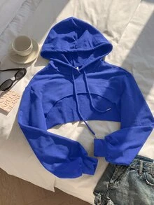 SHEIN EZwear 抽繩設計超短版連帽衛衣－黑白配色，秋冬長袖上衣 - 寶藍色 - 查看 5
