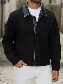 Manfinity Homme 男士成熟休閒拼接翻領夾克 PU皮革領對比色拉鍊短款羊毛混紡外套，適合萬聖節、聖誕節、新年送禮 - 黑色 - 查看 5