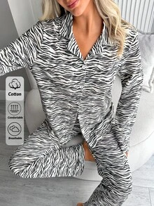 SHEIN Women's Zebra Print Long Sleeve Top And Pants Casual Daily Home Sleepwear Set - Black and White - View 6