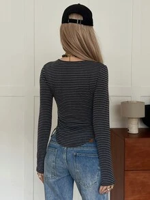 DAZY Grey-Black Fine Striped V-Neck Metal Eyelet Decor Slim Fit Long Sleeve Casual Versatile T-Shirt Top - Black - View 2