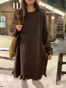 DAZY Women's Dark Brown Round Neck Loose Drop Shoulder Long Sleeve Fuzzy Ruffle Hem Mid-Length Sweater - Brown - View 1