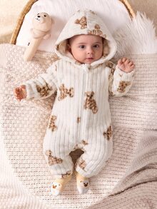 SHEIN 新生兒男嬰/女嬰可愛秋冬休閒白色毛茸茸卡通熊圖案連帽包屁衣居家服 - 彩色 - 查看 4