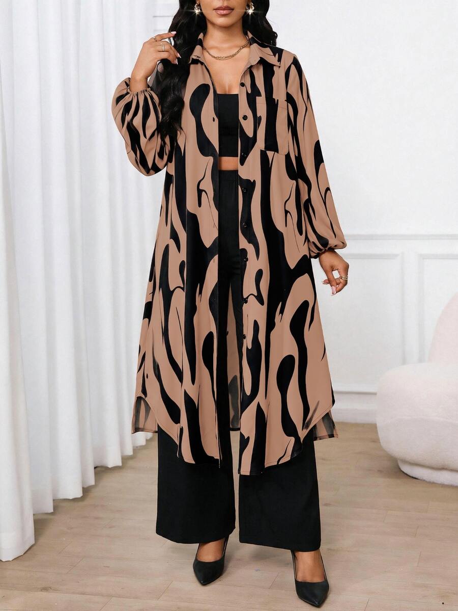 SHEIN Lady 滿版印花燈籠袖外套與寬腿長褲套裝 - 彩色 - 查看 1