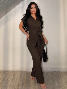 Vavine 2pcs Set: Collared Button-Up Short Sleeve Top With Asymmetrical Hem And Solid Color Long Pants - Brown - View 4