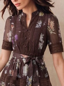 Anewsta 優雅收腰大裙擺彩色春夏花卉圖案設計耐穿拼接蕾絲飾邊女款長洋裝 - 棕色 - 查看 5