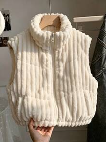 SHEIN 秋冬/青少年女孩短毛絨背心，垂直紋理毛絨布料，高立領前拉鍊，無袖背心，休閒寬鬆可愛白色 - 白色 - 查看 1