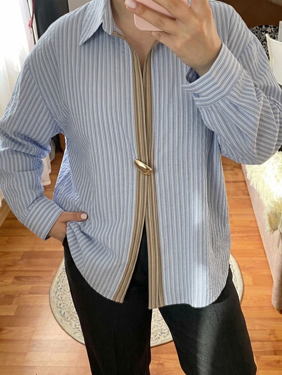 Dazy Plus Office Wear Design Lapel Long Sleeve Blue Striped Button Loose Casual Cotton Shirt - Blue - View 1