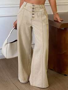Dazy Plus Plus Size High Waist Button Fly Contrast Stitch Loose Wide Leg Denim Jeans - Apricot - View 3